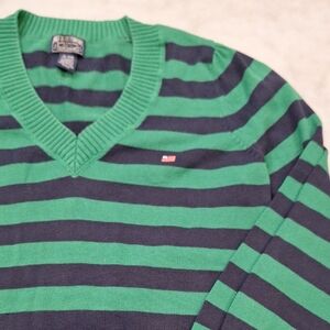 Vintage Y2K Polo Jeans Company Green Navy Striped V Neck Tennis Sz L-XL Nautical